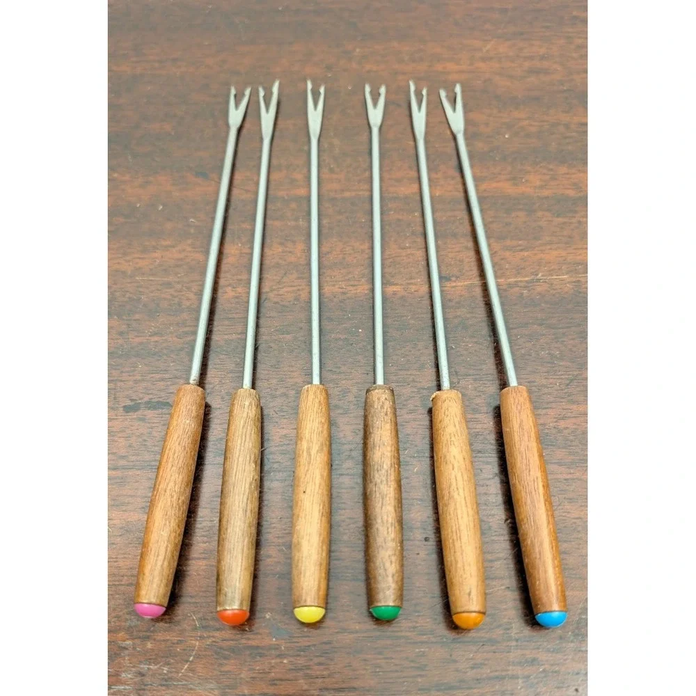 Vintage 1970s Brown Enamel Fondue Pot 6 Color Coded Forks Wood Handles Retro